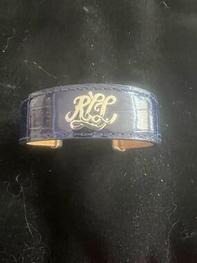 Ralph Lauren Blue Leather Cuff Bracelet with Monogram